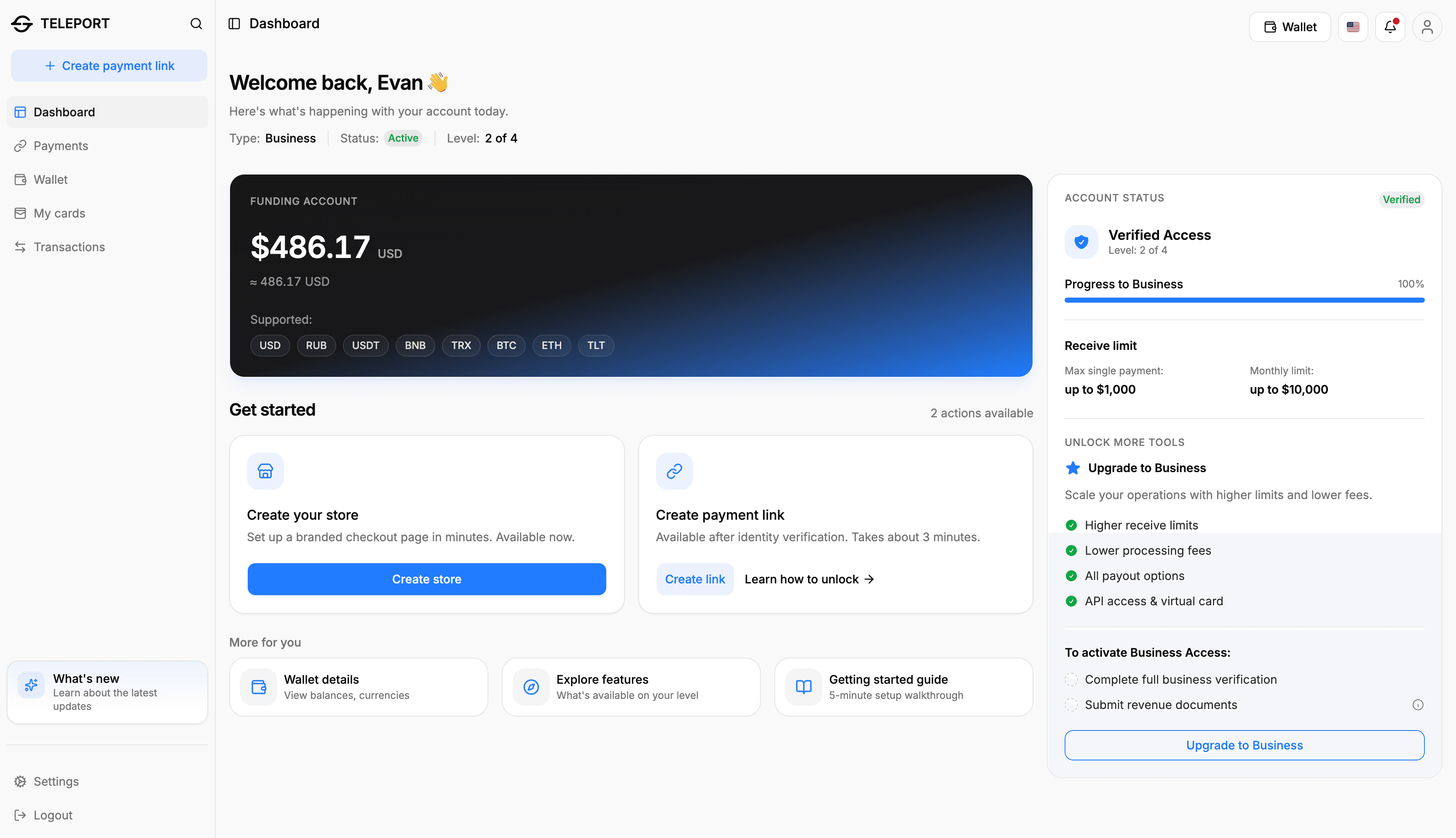 Teleport dashboard: business overview, funding account balance, get started actions, verified access status
