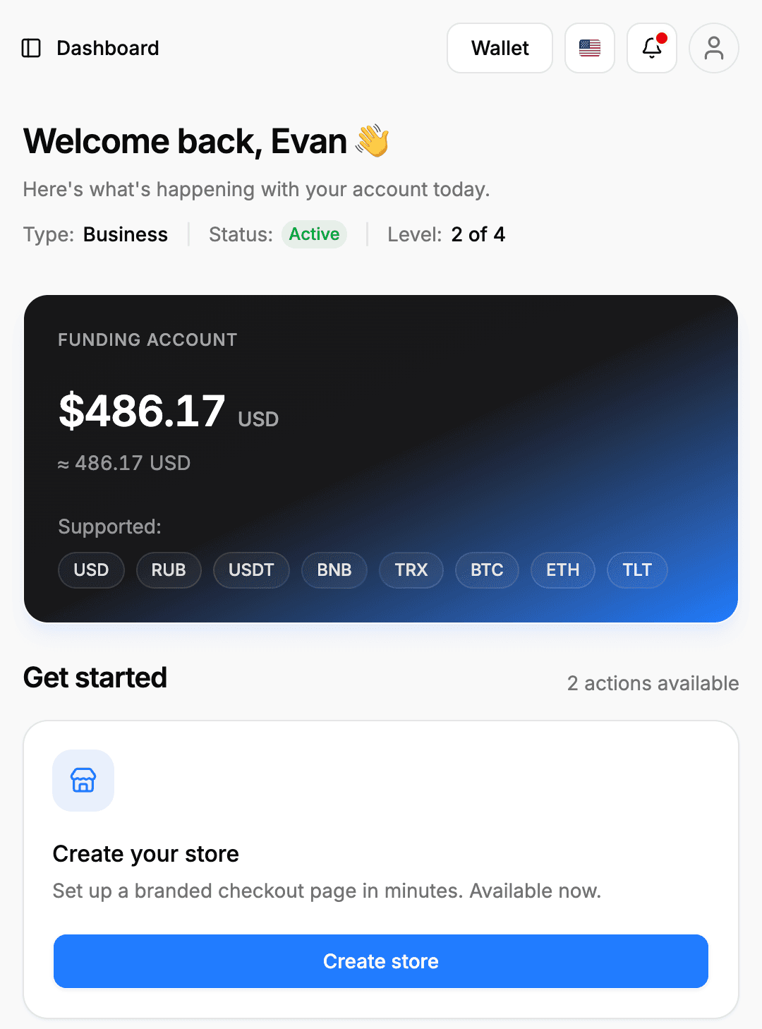 Teleport dashboard on mobile: welcome, business status, funding account, create store